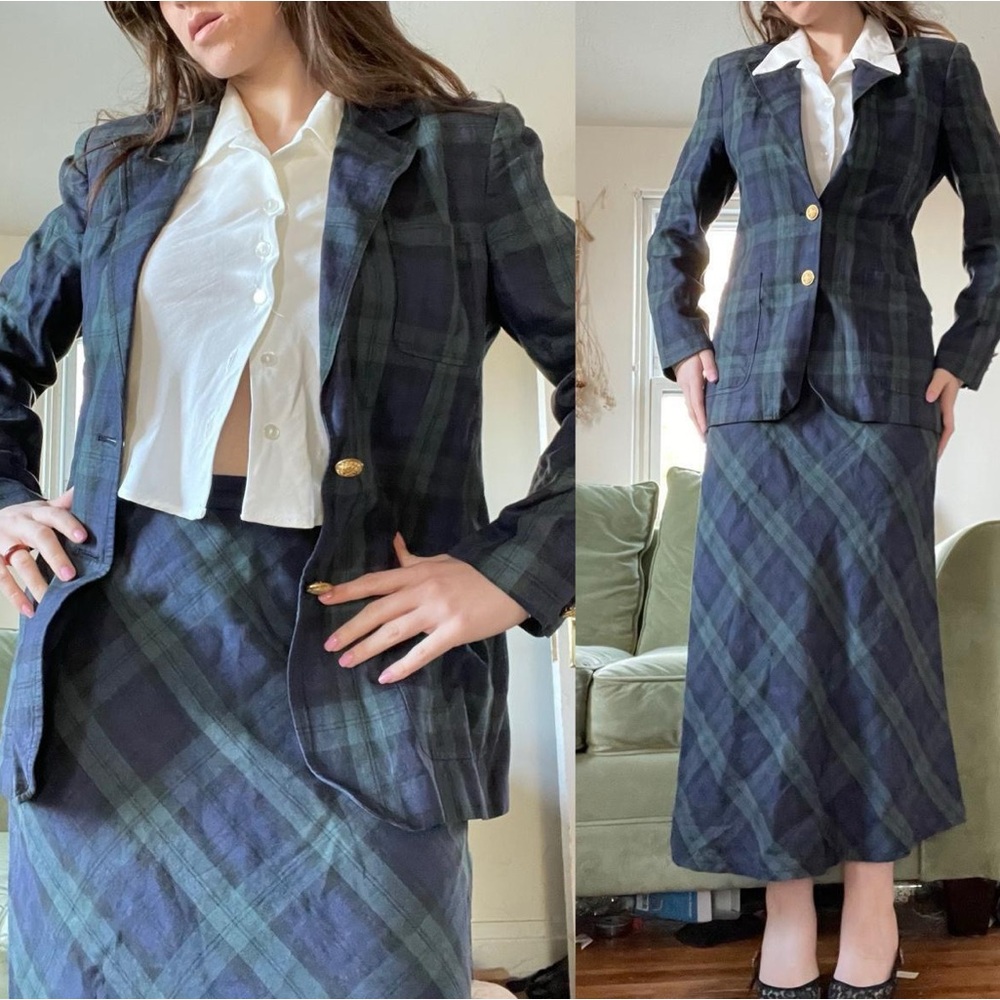 VTG 90s Lauren Ralph Lauren Navy & Green Plaid Blazer and Skirt Suit Set